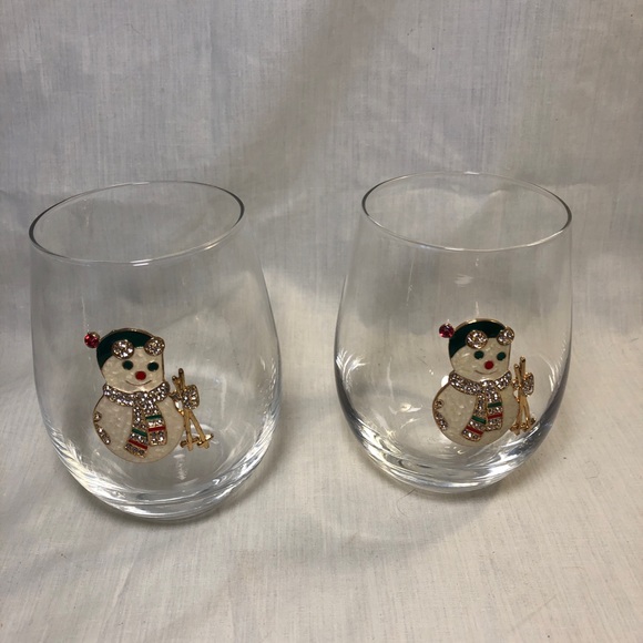 Pair of Jeweled Snowman Stemless Wine Glasses. Hand Wash Only! - Picture 1 of 6